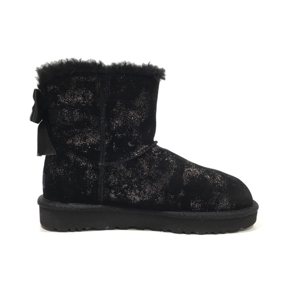 UGG MINI BAILEY BOW GLIMMER BOOTS -BLACK METALLIC SUEDE -WOMEN’S US 7 -NEW - Picture 4 of 8